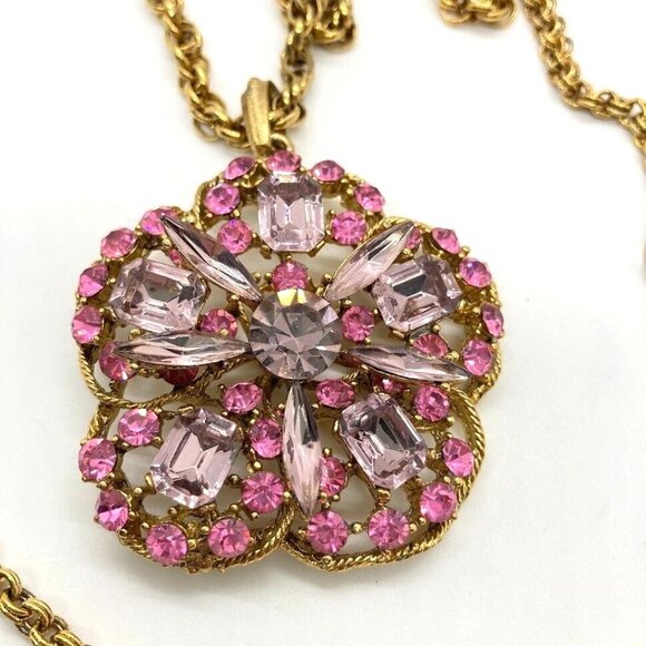 Vintage Pink Crystal Pendant Necklace With Gold Tone Double Rope Chain 30" - Picture 5 of 16
